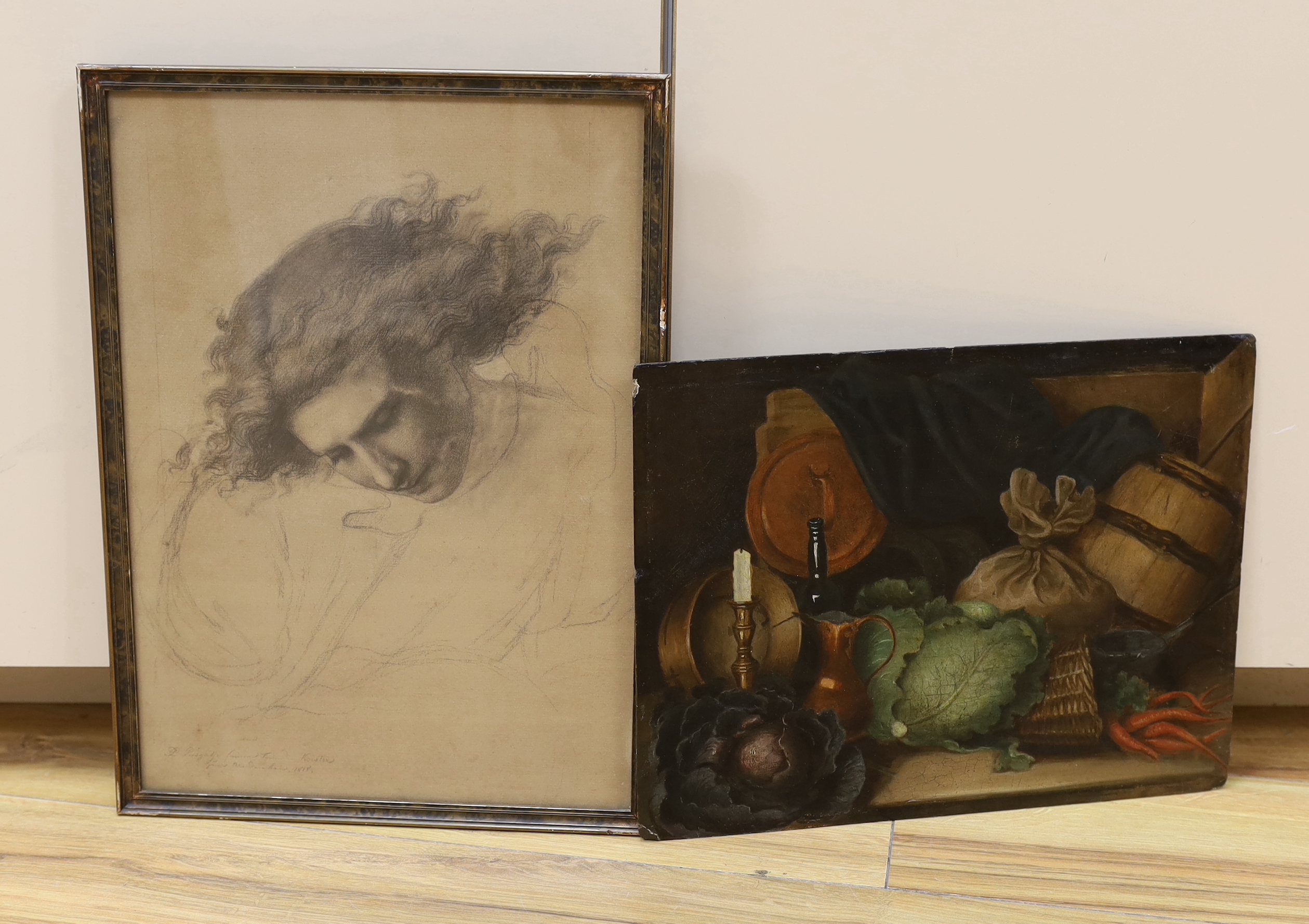 19th century German, lithograph, Study of a woman, indistinctly signed and inscribed together with an oil on board, still life, unframed, largest 36 x 26cm
